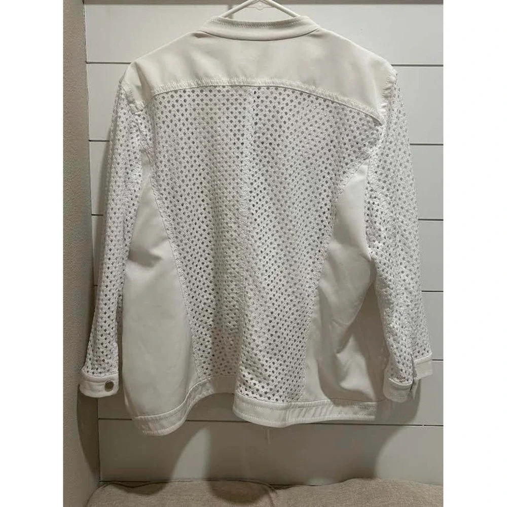 Chicos White Diamond Mesh Moto Jacket Womens Size 4 Asymmetric Zip Mixed Media - Picture 4 of 10